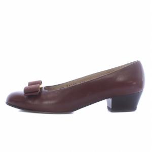 Salvatore Ferragamo ヴァラ VARA パンプス レザー ラウンドトゥ チャンキーヒール リボン 5 22.5cm 茶色 ブラウン