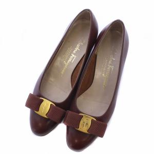 Salvatore Ferragamo ヴァラ VARA パンプス レザー ラウンドトゥ チャンキーヒール リボン 5 22.5cm 茶色 ブラウン