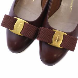 Salvatore Ferragamo ヴァラ VARA パンプス レザー ラウンドトゥ チャンキーヒール リボン 5 22.5cm 茶色 ブラウン