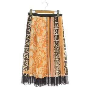 プリーツスカート ロング 総柄 シフォン 34 オレンジ