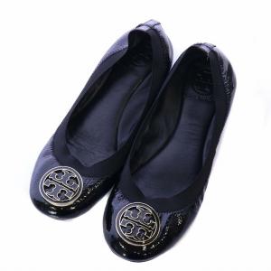 パンプス バレエシューズ レザー ラウンドトゥ ロゴプレート ゴールド金具 7M 24cm 黒 ブラック