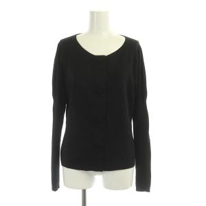 カーディガン ニット 長袖 フラワーボタン クルーネック ウール混 パフスリーブ 切替 40 黒 ブラック