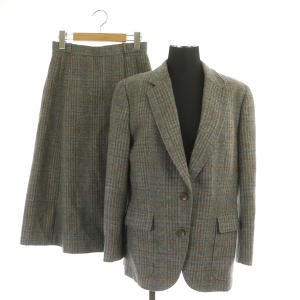 スーツ セットアップ上下 テーラードジャケット スカート ロング チェック ツイード ウール 11A3 グレー