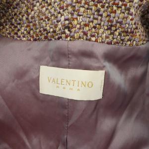 VALENTINO ROMA ロングコート ツイード ウール混 ベルベットリボン 40 パープル ベージュ