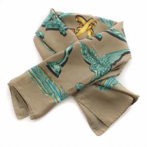 HERMES カレ90 LES PARURES DU VENT スカーフ 絹 シルク カーキ