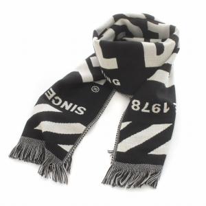 ストール マフラー ロゴ フリンジ ウール 黒 ブラック