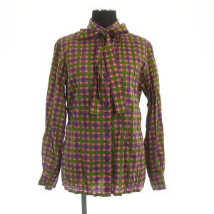 PRET-A-PORTER シャツ ブラウス 長袖 チェック ヴィンテージ リボン付 M 緑 紫 パープル グリーン
