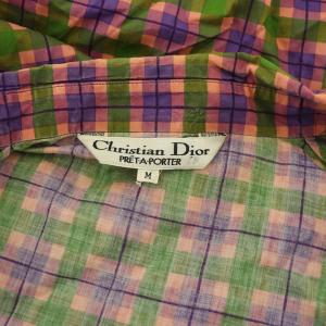 Christian Dior PRET-A-PORTER シャツ ブラウス 長袖 チェック ヴィンテージ リボン付 M 緑 紫 パープル グリーン