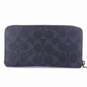 COACH 長財布 PVC ラウンドジップ シグネチャー柄 ロゴ 紺 ネイビー グレー