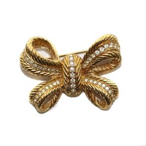 ヴィンテージ ブローチ リボン ラインストーン ゴールド色