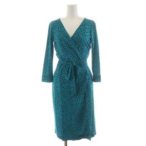 DIANE von FURSTENBERG ラップワンピース カシュクール 絹 シルク 七分袖 ひざ丈 総柄 2 S 青 ブルー GY04