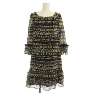 ワンピース ミニ 七分袖 シフォン 花柄 フリル ティアード 40 黒 ブラック