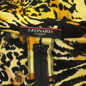 LEONARD FASHION ワンピース ロング 長袖 カシュクール 総柄 アニマル柄 金ボタン ウールシルク混 ヴィンテージ L 黒 黄
