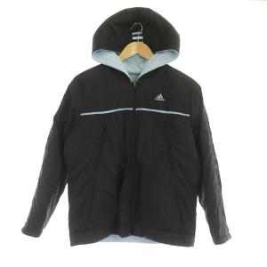 adidas リバーシブルパーカー ジップアップ ナイロン フリース ロゴ刺繍 M 黒 水色 ライトブルー ブラック