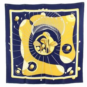 HERMES カレ 90 SWING スウィング 大判 スカーフ ゴルフクラブ 総柄 紺 ネイビー 黄色 イエロー マルチカラー