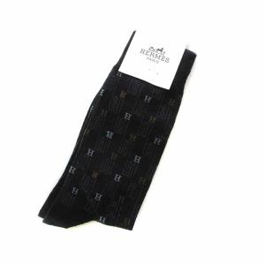 HERMES 靴下 ソックス Hロゴ 総柄 10-13 25?27cm 黒 ブラック