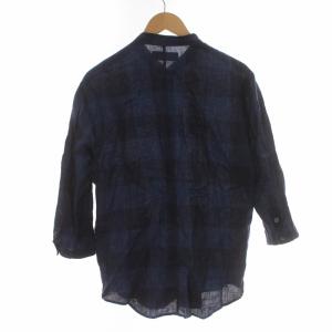 LOUNGE LIZARD ノーカラーシャツ 長袖 ブロックチェック柄 麻 リネン 2 M 紺 ネイビー