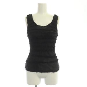 タンクトップ ノースリーブカットソー メッシュ ティアード フリル ストレッチ シースルー I38 黒 ブラック