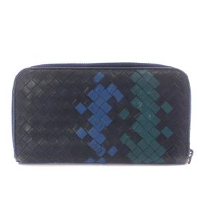 BOTTEGA VENETA 長財布 レザー ラウンドファスナー イントレチャート 黒 ブラック 青 ブルー 緑 グリーン