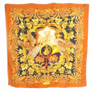 スカーフ 大判 絹 シルク 総柄 オレンジ マルチカラー