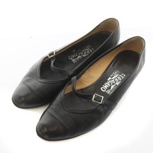 Salvatore Ferragamo ビブラム vibram パンプス ラウンドトゥ ローヒール レザー ベルト 6.5 24cm 黒 ブラック GY19