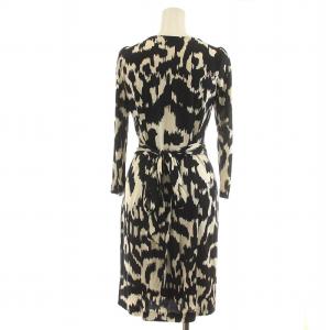 DIANE von FURSTENBERG ワンピース カシュクール ラップスカート 七分袖 総柄 ひざ丈 絹 シルク 2 S 黒 ブラック 白 ホワイト
