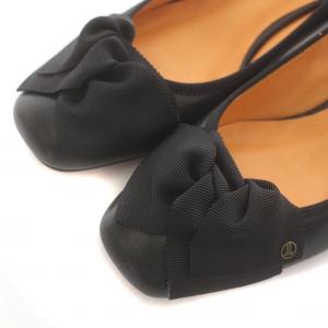 LANVIN ビジューヒールリボンパンプス スクエアトゥ レザー 22.5?p 黒 ブラック 2367