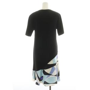 Emilio Pucci ニット ワンピース ひざ丈 半袖 総柄 絹 シルク L 黒 ブラック 青 ブルー 9UKG25 GY18