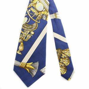 HERMES ネクタイ ワイドタイ シルク100％ スカーフ柄 総柄 青 ブルー GY17