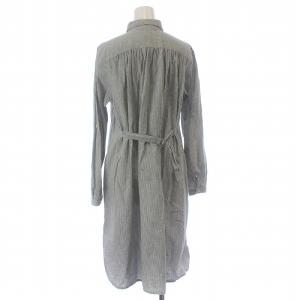 MHL. シャツワンピース 長袖  麻 リネン混 ストライプ ラウンドカラー ミモレ ロング 2 M 緑 グリーン グレー