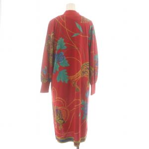 LEONARD ワンピース ニット Vネック 花柄 フラワー 切替 シルク混 ミモレロング M 赤 レッド マルチカラー