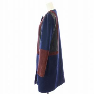 DIANE von FURSTENBERG ノーカラー コート ミドル ウール レザー スエード 切替 40 L 紺 ネイビー ボルドー