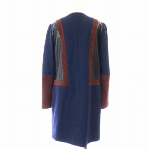 DIANE von FURSTENBERG ノーカラー コート ミドル ウール レザー スエード 切替 40 L 紺 ネイビー ボルドー