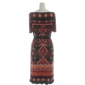 EPOCA ワンピース ひざ丈 半袖 総柄 スクエアネック ギャザー ベルト付き 38 M 黒 ブラック 赤 レッド