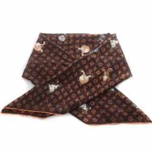 アニマル カレ キャットグラム モノグラム スカーフ 大判 絹 シルク 茶