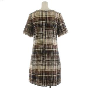 PAULE KA ワンピース 半袖 ツイード フリンジ 金色ボタン ひざ丈 36 S ベージュ 茶 ブラウン マルチカラー