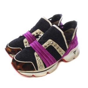 Christian Louboutin スニーカー スエード 厚底 ラメ スタッド 38.5 25.5cm 黒 ブラック 紫 パープル