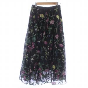 GRACE CONTINENTAL フラワー 刺繍 チュール スカート フレア ミモレ ロング 花柄 タック ギャザー 38 黒
