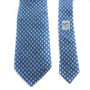 HERMES ネクタイ レギュラータイ 総柄 りんご 果物 絹 シルク 水色 スカイブルー