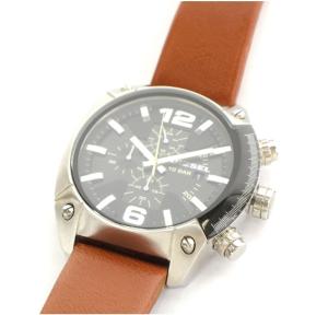 DIESEL オーバーフロー OVERFLOW 腕時計 クロノグラフ クォーツ デイト 黒文字盤 レザーベルト シルバーカラー 茶 ブラウン