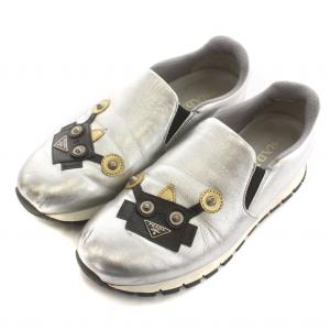 PRADA スリッポン シューズ 三角ロゴプレート ロボット メタリックレザー 35.5 22.5cm シルバーカラー 1S532H