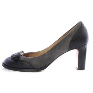 Salvatore Ferragamo パンプス ハイヒール チャンキーヒール レザー スエード ヴァラ リボン ウイングチップ 7 24.5cm 黒 ブラック グレー