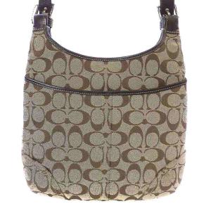 ショルダーバッグ クラシック シグネチャー キャンバス レザー ロゴチャーム付き ベージュ 茶 ダークブラウン F12992