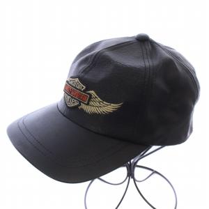 HARLEY DAVIDSON ヴィンテージ 帽子 キャップ 野球帽 レザー 本革 バー&シールド ウィング ロゴ刺繍 ワッペン 黒 ブラック