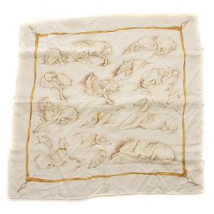 希少 LES LEVRIERS スカーフ カレ90 レヴリエール グレイハウンド シルク ホワイト