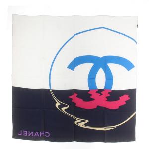 CHANEL スカーフ 大判 ココマーク シルク 紺 ネイビー 白 ホワイト マルチカラー