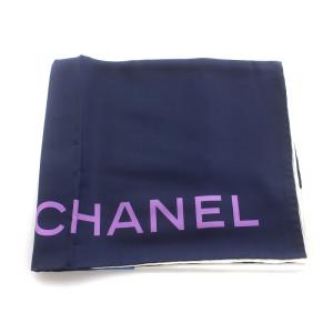 CHANEL スカーフ 大判 ココマーク シルク 紺 ネイビー 白 ホワイト マルチカラー