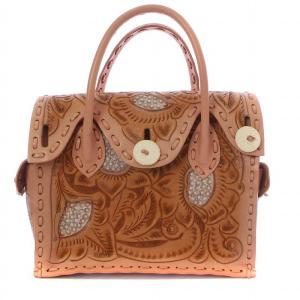 マエストラ S メタリック ハンドバッグ レザー 牛革 総柄 型押し ピンク 茶 ブラウン