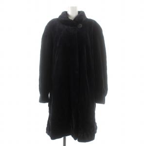 銀サガ シェアード ミンク ファー コート ロング 毛皮 カラーミンク 染色 裾フラワー 裏地総柄 F 紺 ネイビー