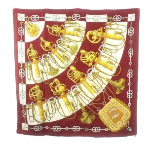 カレ90 Cliquetis スカーフ 大判 剣柄 総柄 絹 シルク 赤 レッド マルチカラー